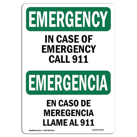 SIGNMISSION OSHA EMERGENCY, In Case Of Call 911 Bilingual, 5in X 3.5in, 10PK, 3.5" W, 5" L, Landscape, PK10 OS-EM-D-35-L-10337-10PK
